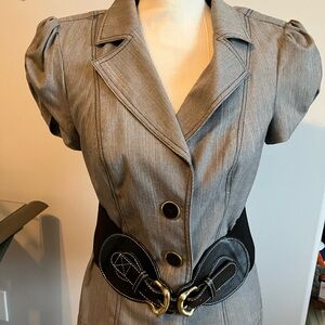 Gray Puff Sleeve Blazer with Black Belt